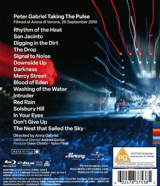 Rückseite einer Blu-ray-Hülle für Peter Gabriel 'Taking The Pulse'.