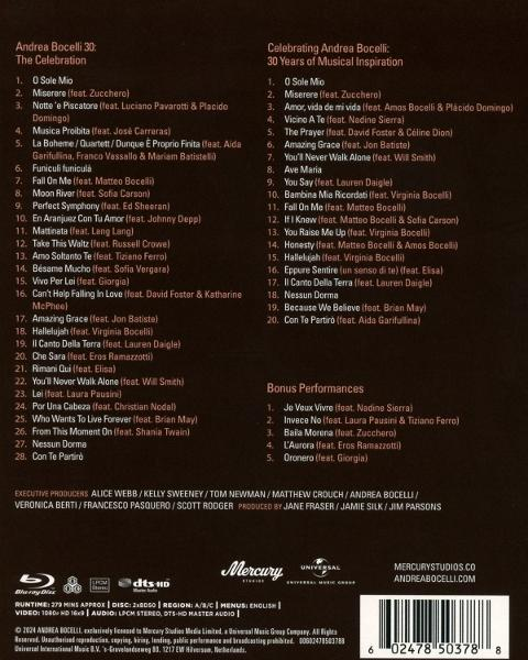 Andrea Bocelli 30: The Celebration Album-Cover mit Songliste, rechts die Jubiläumsliste.