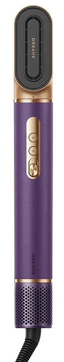 Fioletowa suszarka do włosów ze złotymi akcentami i kontrolkami.