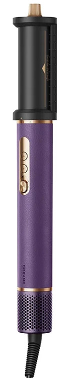 Fioletowa suszarka do włosów ze złotymi akcentami.