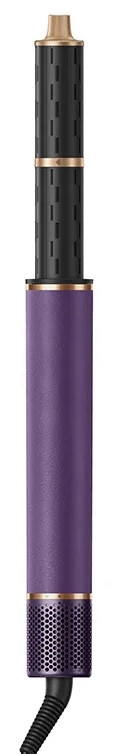 Fioletowa i czarna suszarka do włosów ze złotymi akcentami.