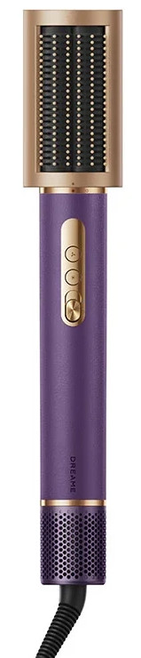 Fioletowa suszarka do włosów ze złotymi akcentami i szczotką.