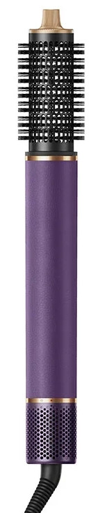 Fioletowa suszarka do włosów z okrągłą szczotką i złotymi akcentami.