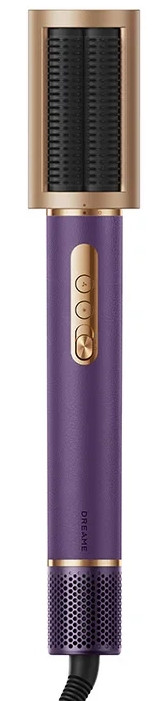 Fioletowa suszarka do włosów ze złotymi akcentami i dwiema czarnymi szczotkami.