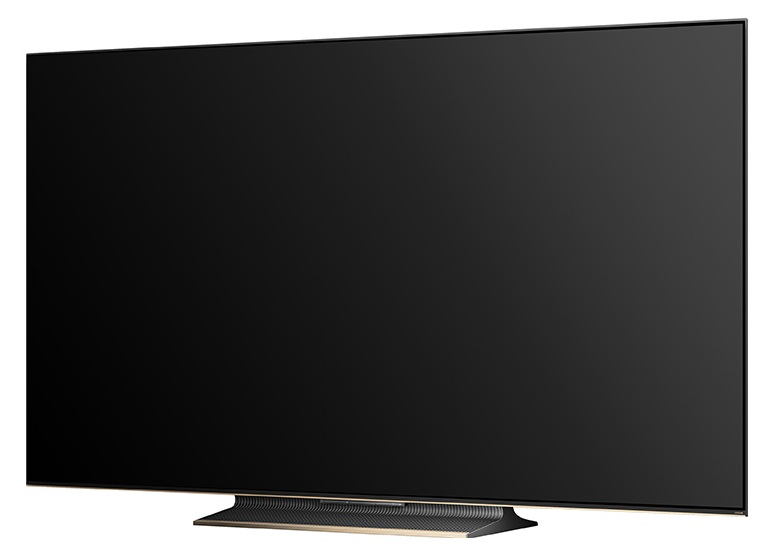 Duży, czarny telewizor z płaskim ekranem i elegancką, metalową podstawą.