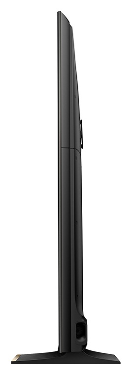 Widok z boku smukłego czarnego telewizora z szeroką podstawą.