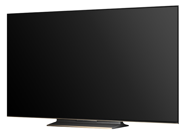 Nowoczesny, duży czarny telewizor z elegancką podstawą.