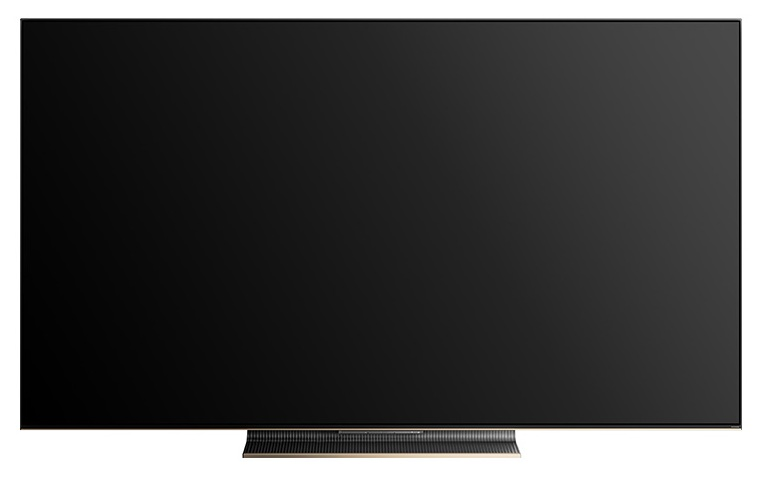 Nowoczesny czarny telewizor z wąską podstawą.