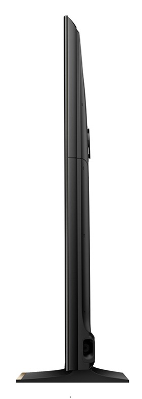 Czarny telewizor w profilu na białym tle ze stojakiem.