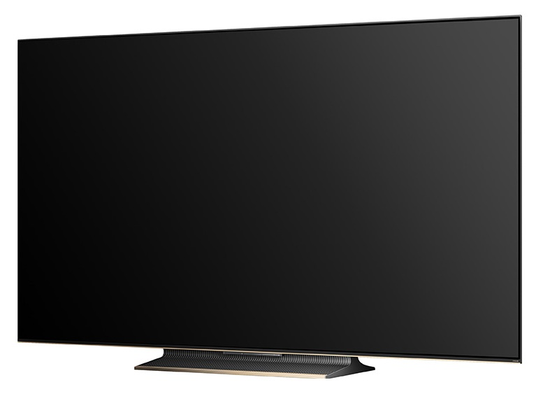 Nowoczesny, duży telewizor z płaskim ekranem, ciemnym ekranem i efektowną podstawą.