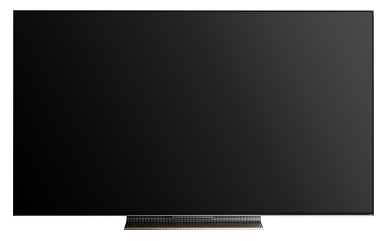 Czarny telewizor z wąską, szczotkowaną metalową podstawą.