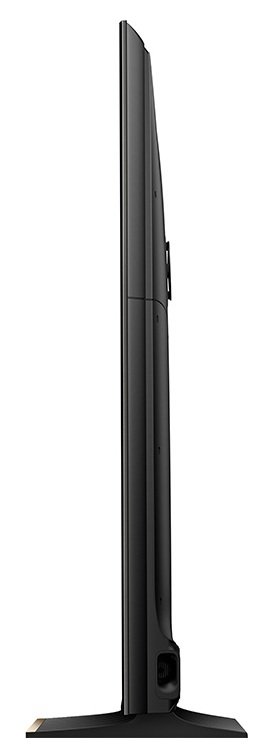 Widok z boku smukłego czarnego telewizora ze stojakiem na białym tle.