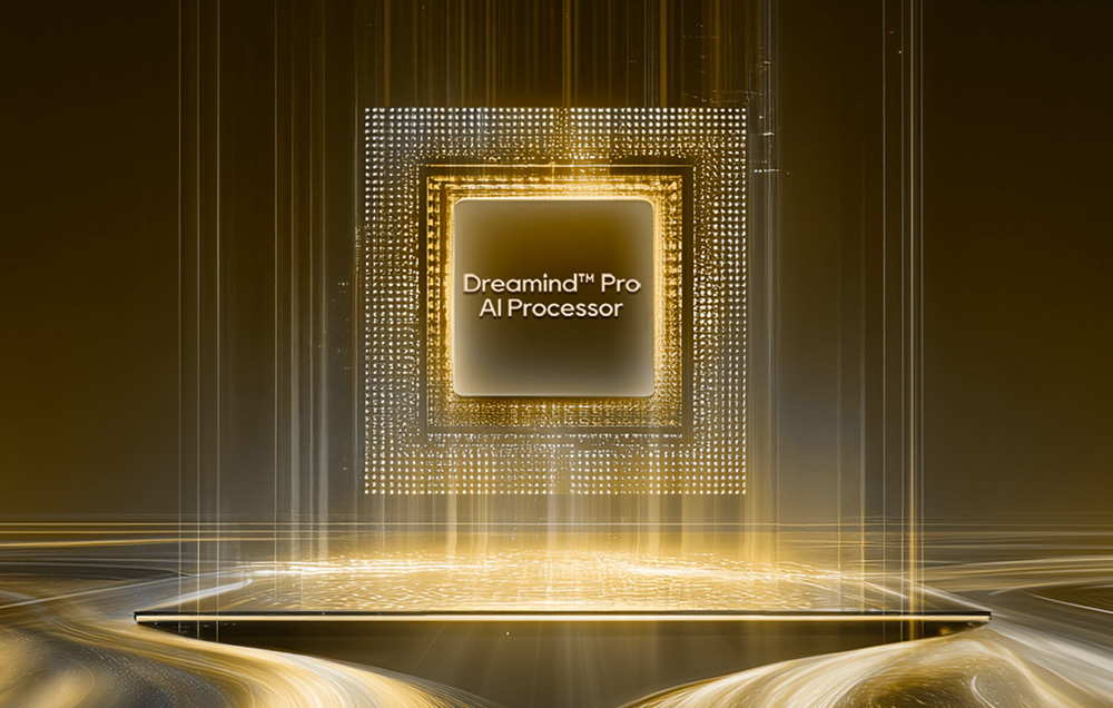 Złoty chip z napisem "DreamindTM Pro AI Processor" na ciemnym tle.