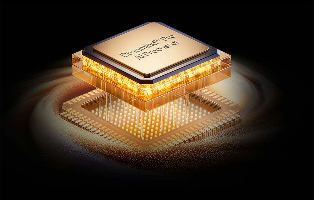 Złoty procesor z napisem „Dreamind™ Pro AI Processor” na czarnym tle.