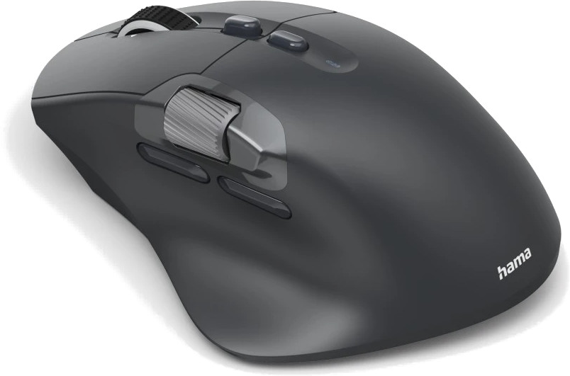 Ciemnoszara mysz komputerowa z kółkiem przewijania, wieloma przyciskami.