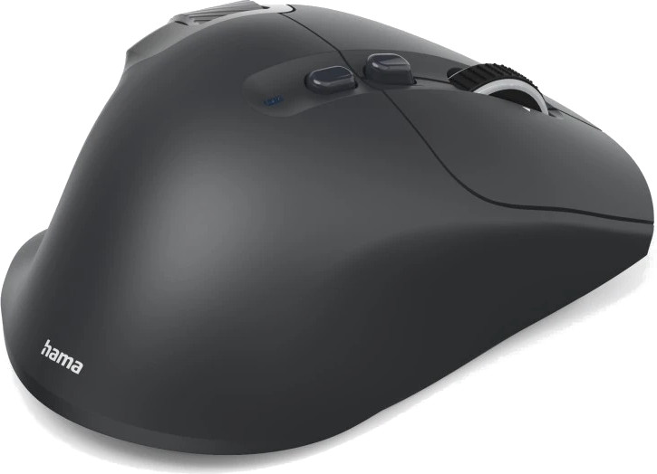 Czarna ergonomiczna mysz z kółkiem przewijania i dodatkowymi przyciskami.