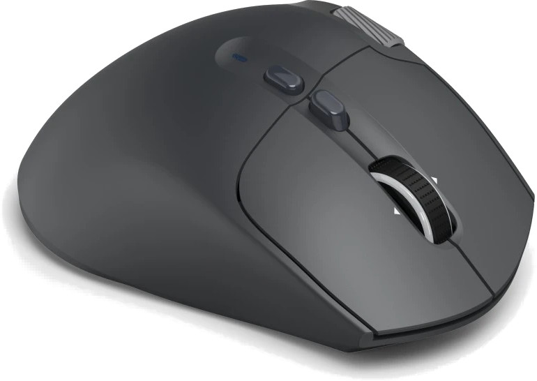 Ciemna bezprzewodowa mysz komputerowa z kółkiem i przyciskami.