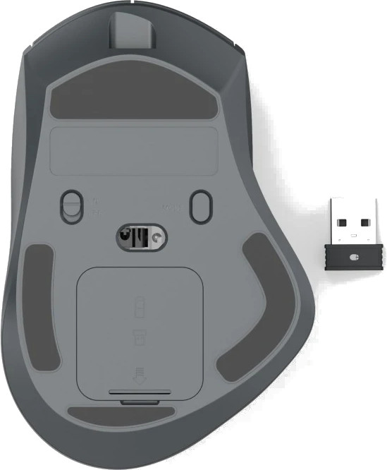 Spód szarej myszy komputerowej z adapterem USB.