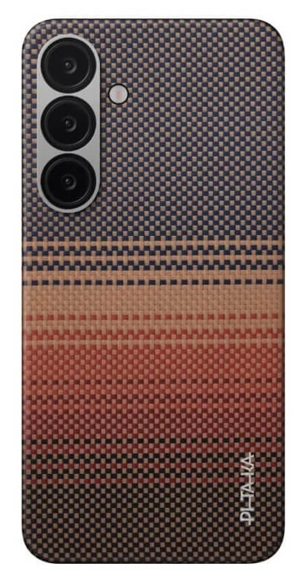 Tył smartfona w kratkę w kolorach czerwonym, beżowym i ciemnoniebieskim.