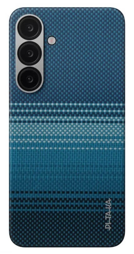 Niebieskie etui na telefon w kratkę z trzema aparatami.