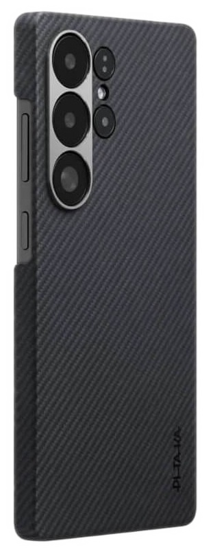 Czarna obudowa na telefon z wzorem węglowym i obiektywami.