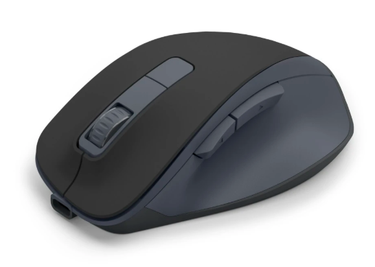 Szara i czarna mysz komputerowa z kółkiem i przyciskami.