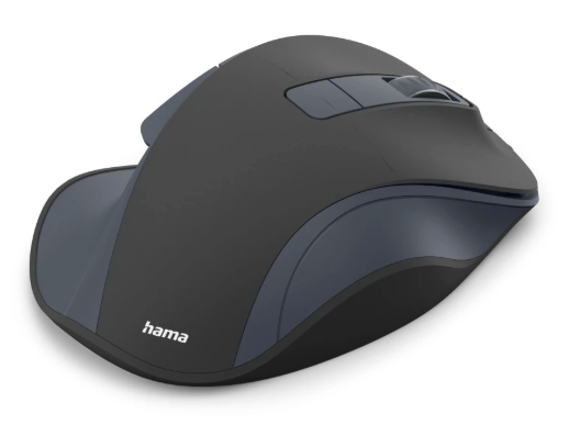 Ergonomiczna ciemna mysz z ciemnymi i szarymi akcentami i kółkiem.