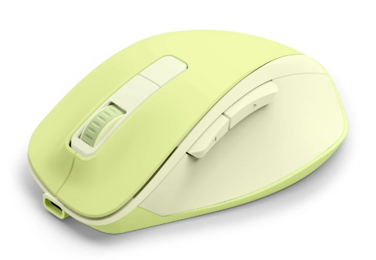 Jasnozielona mysz komputerowa z kółkiem i dwoma przyciskami na białym tle.