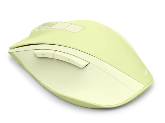 Jasnożółta mysz komputerowa z kółkiem przewijania i przyciskami bocznymi.