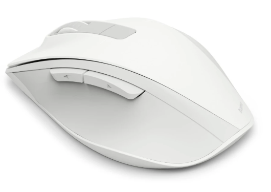 Biała mysz komputerowa z kółkiem przewijania i dodatkowymi przyciskami.