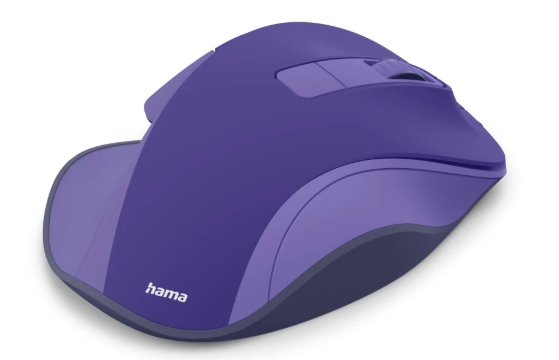 Fioletowa mysz komputerowa z rolką i przyciskami, logo Hama.