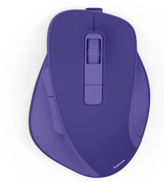 Fioletowa mysz komputerowa z kółkiem przewijania i przyciskami.