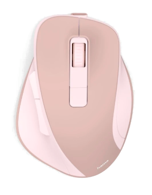 Różowa mysz komputerowa z kółkiem przewijania i dwoma przyciskami.