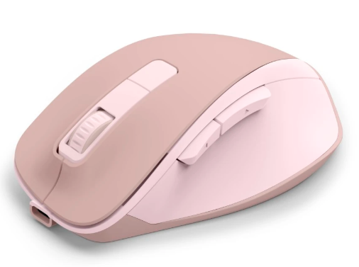 Różowa mysz komputerowa z kółkiem przewijania i przyciskami.