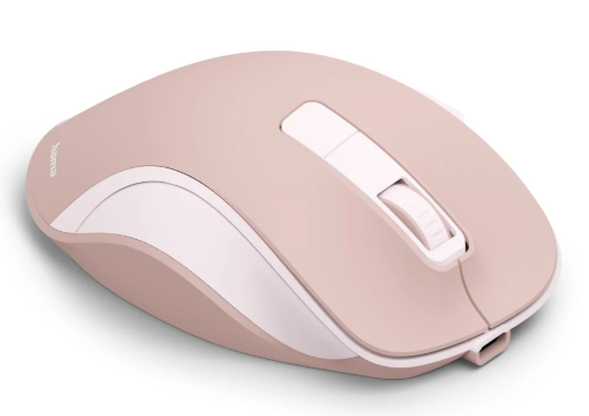 Różowa mysz komputerowa z białym kółkiem i akcentami.