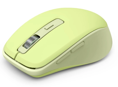 Jasnozielona mysz komputerowa z kółkiem przewijania i przyciskami na białym tle.