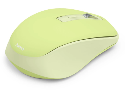 Jasnozielona mysz komputerowa z srebrnym kółkiem przewijania i logo Hama.