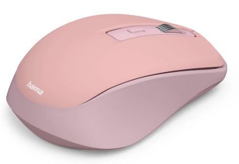 Różowa mysz komputerowa z kółkiem przewijania i logo Hama.