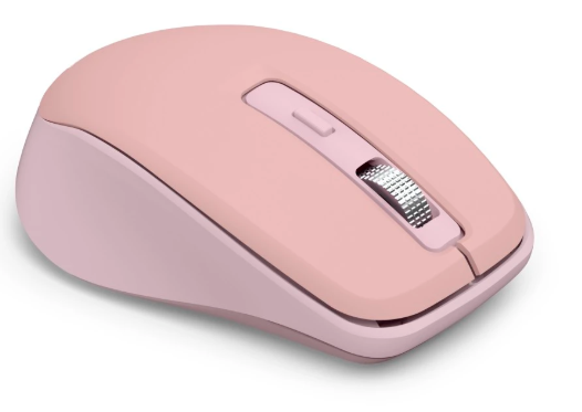 Różowa mysz komputerowa ze srebrnym kółkiem przewijania.