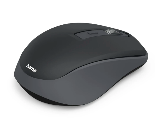 Ciemna mysz z logo Hama, z kółkiem przewijania i przyciskami.