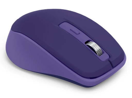 Fioletowa mysz komputerowa ze srebrnym kółkiem i przyciskami.