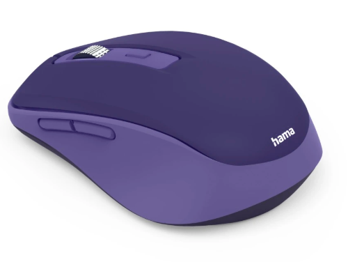 Fioletowa mysz komputerowa z kółkiem przewijania i dwoma przyciskami.