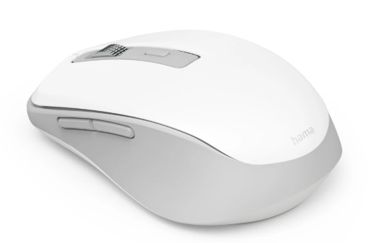 Biała i szara mysz komputerowa z kółkiem i przyciskami.