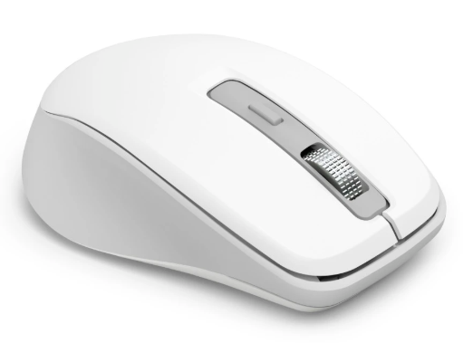 Biała mysz komputerowa z szarym kółkiem przewijania.