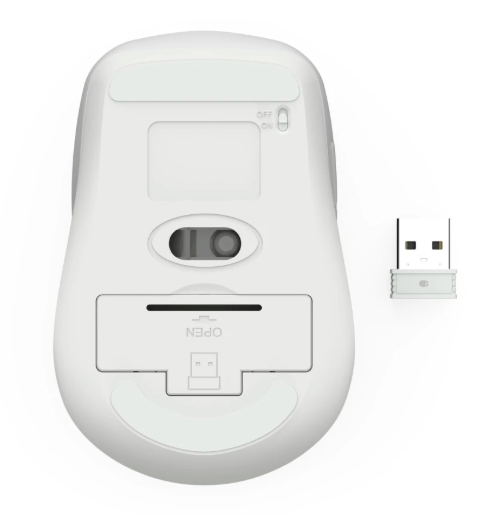 Biała mysz komputerowa, widok od spodu z odbiornikiem USB.