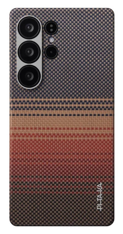 Tył smartfona w kratkę w kolorach czerwonym, beżowym i niebieskim.