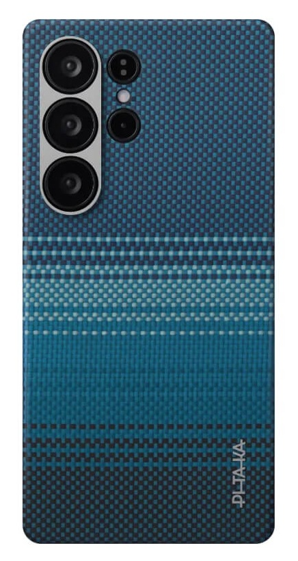 Tył niebieskiego telefonu z aparatami i wzorem.