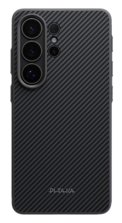 Czarna obudowa telefonu z wzorem włókna węglowego i obiektywami.