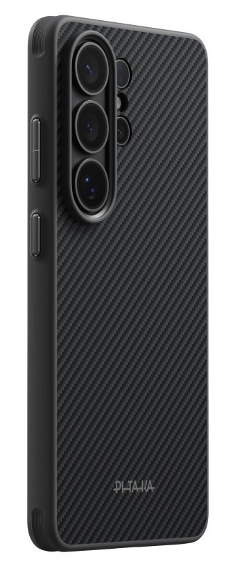 Czarna obudowa telefonu z wzorem włókna węglowego i soczewkami.