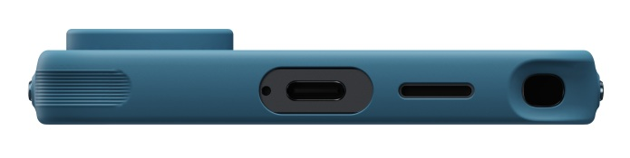 Niebieska obudowa z USB-C, gniazdem SIM i gniazdem słuchawkowym.